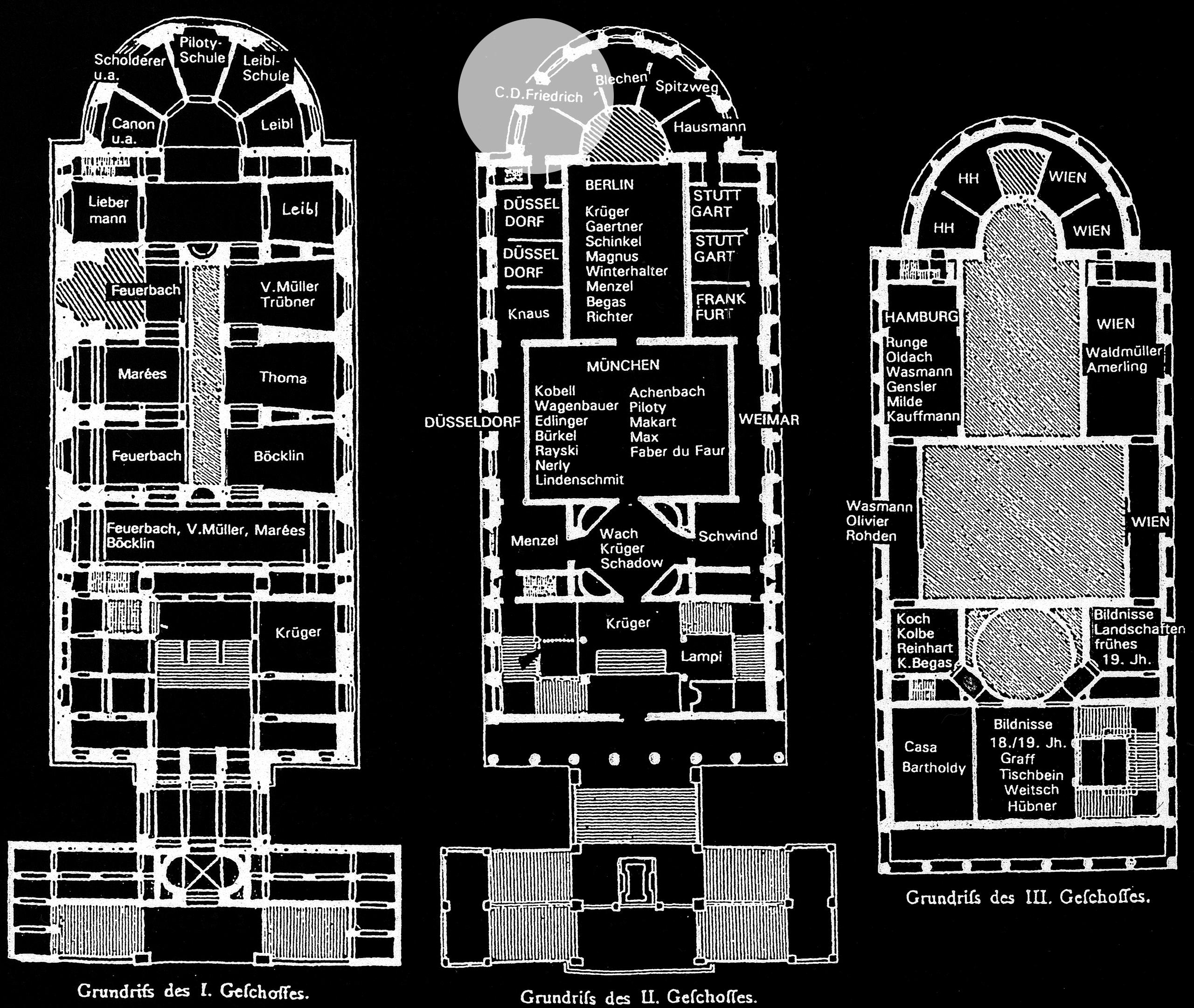 Floor plan of the Nationalgalerie with the spatial plan of the German Centenary Exhibition of 1906. Two apses at the termini of the second floor layout were dedicated to Caspar David Friedrich.